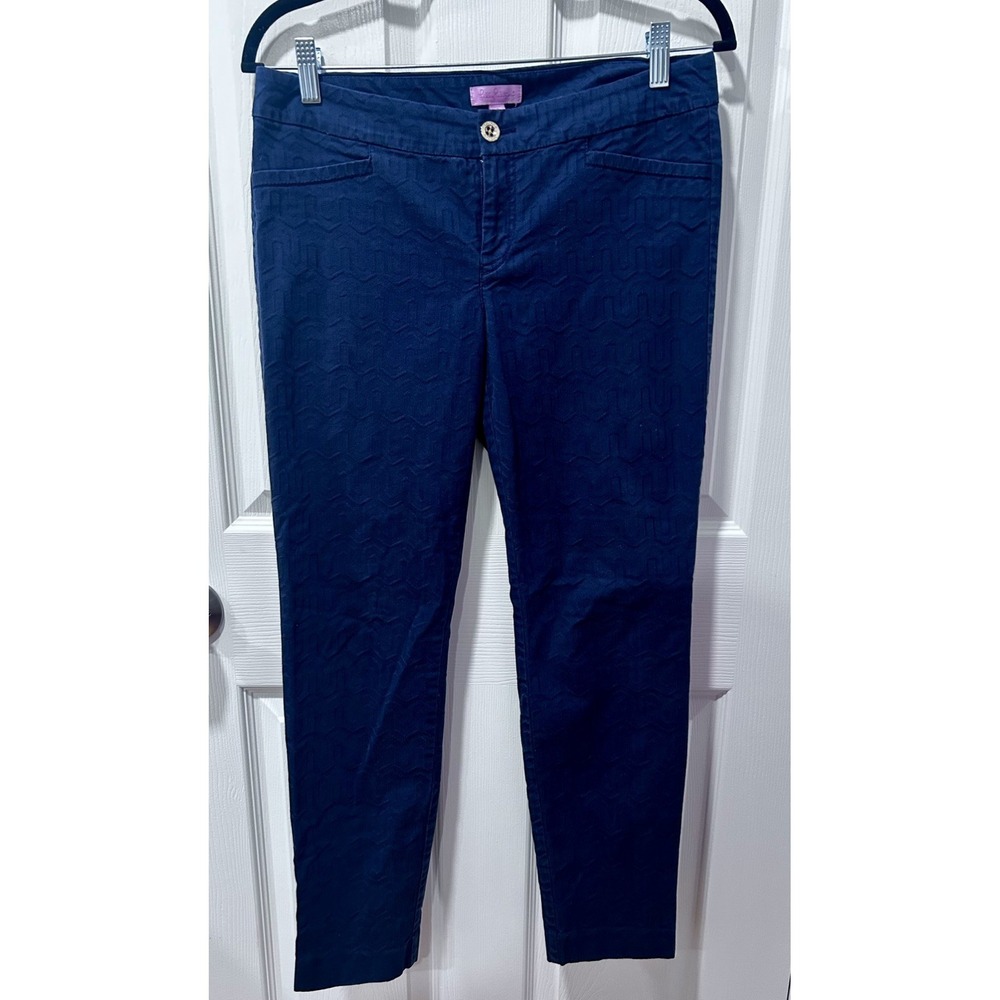Lilly Pulitzer Kelly GeometricTextured Skinny Ankle Length Pants Navy Blue Sz 8